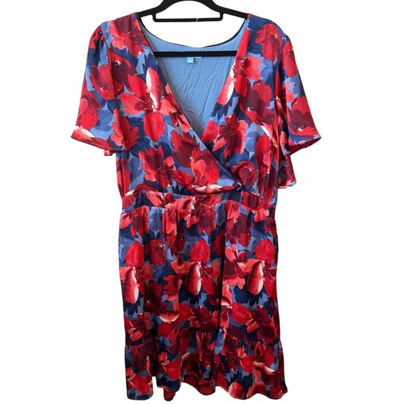 Draper James Dresses & Skirts - Draper James Wrap Dress Womens Blue Red Floral Ruffle Sleeve Preppy XL